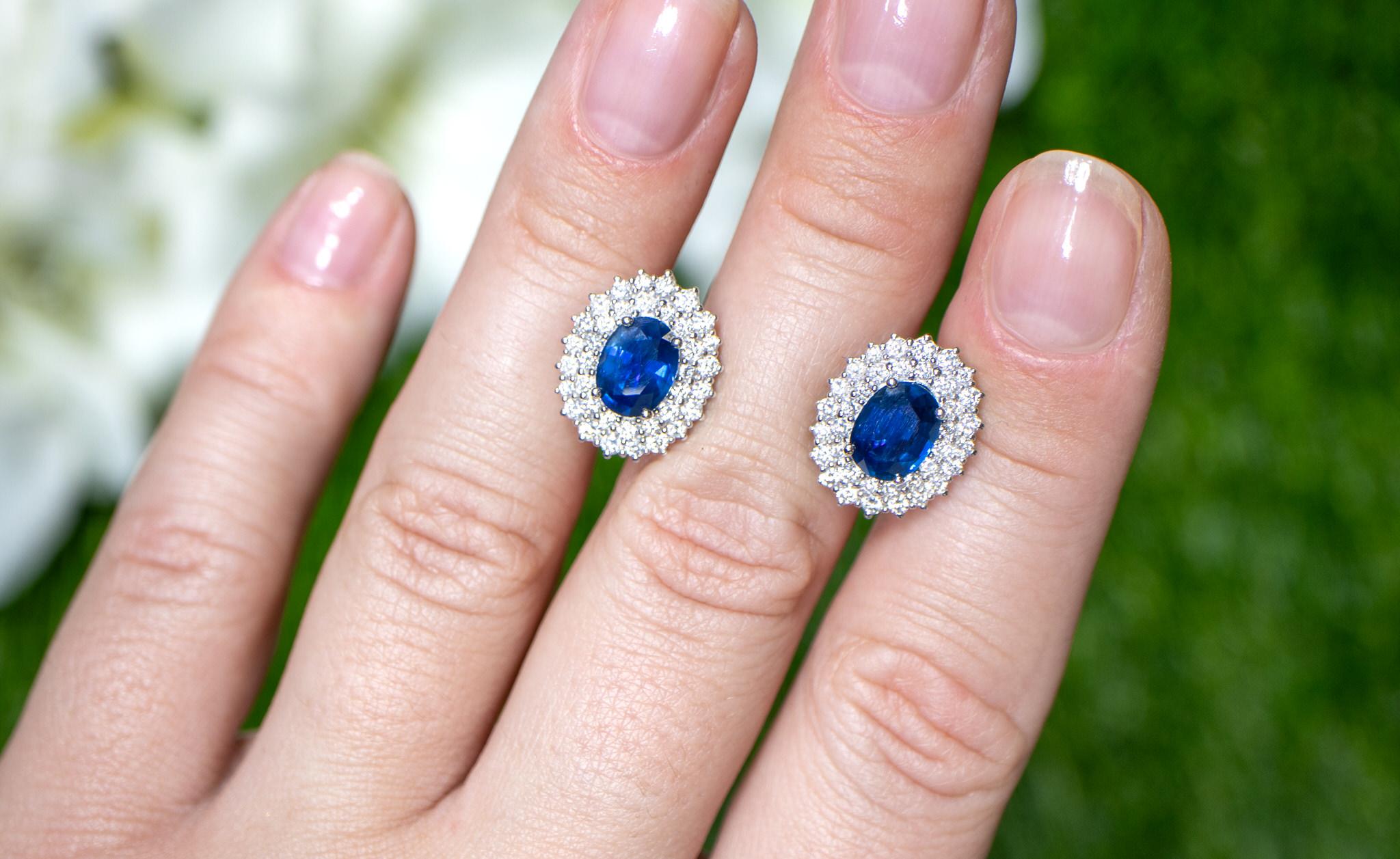 Contemporary Blue Sapphire Earrings With Diamonds 3.82 Carats 18K Gold For Sale