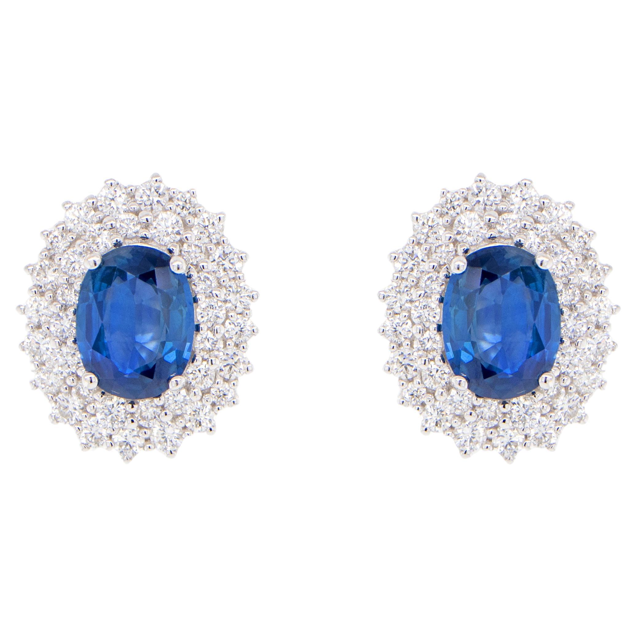 Blue Sapphire Earrings With Diamonds 3.82 Carats 18K Gold For Sale