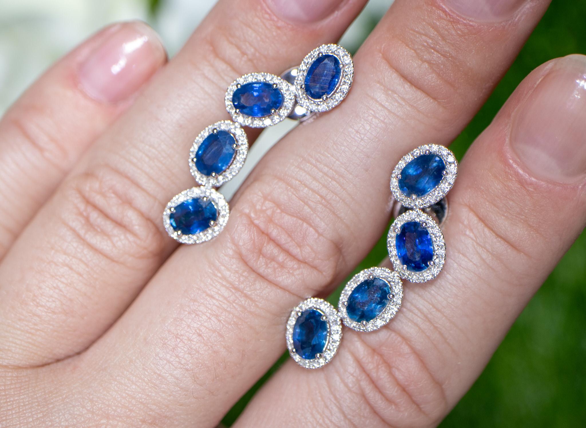 Oval Cut Blue Sapphire Earrings With Diamonds 5.69 Carats 18K Gold For Sale