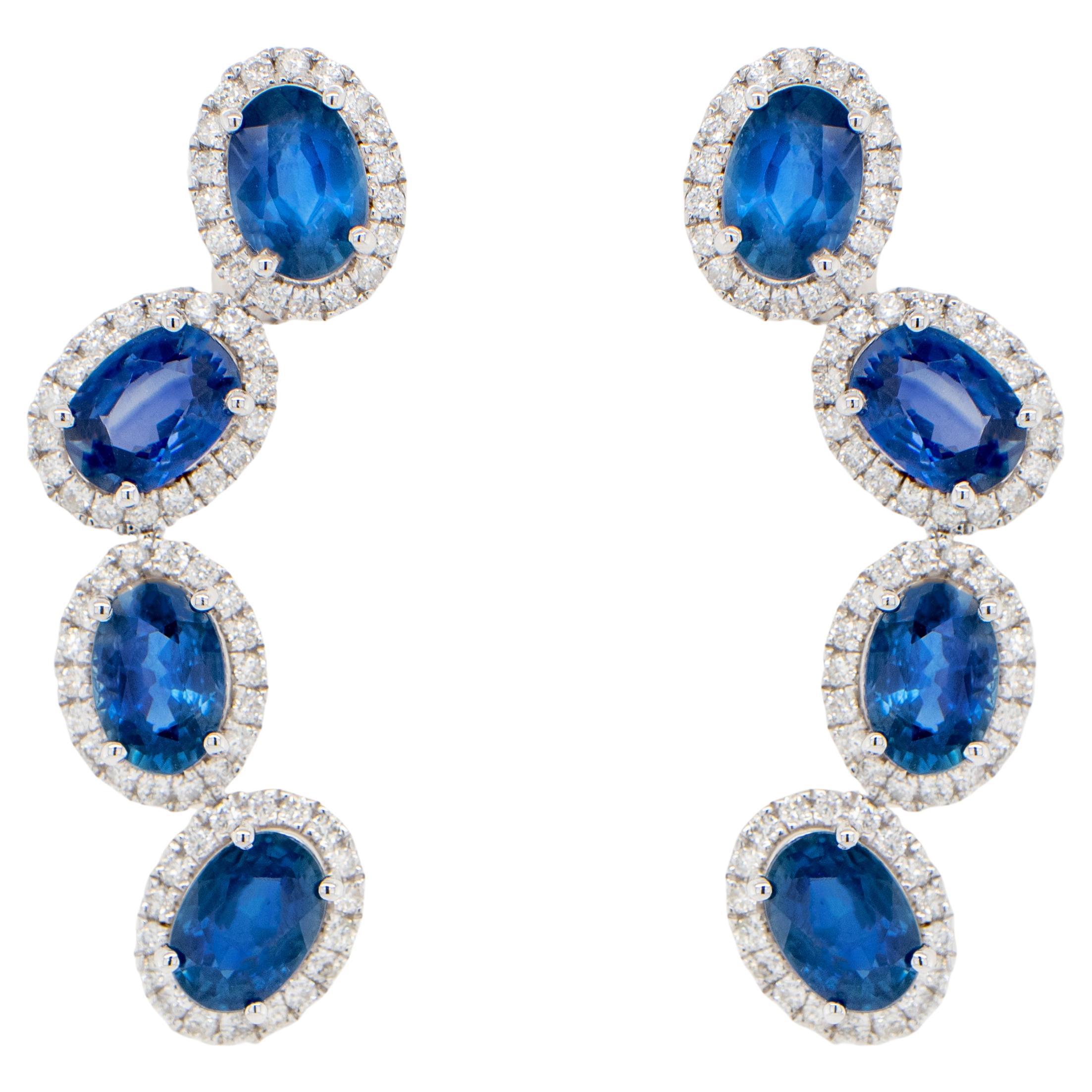 Blue Sapphire Earrings With Diamonds 5.69 Carats 18K Gold For Sale