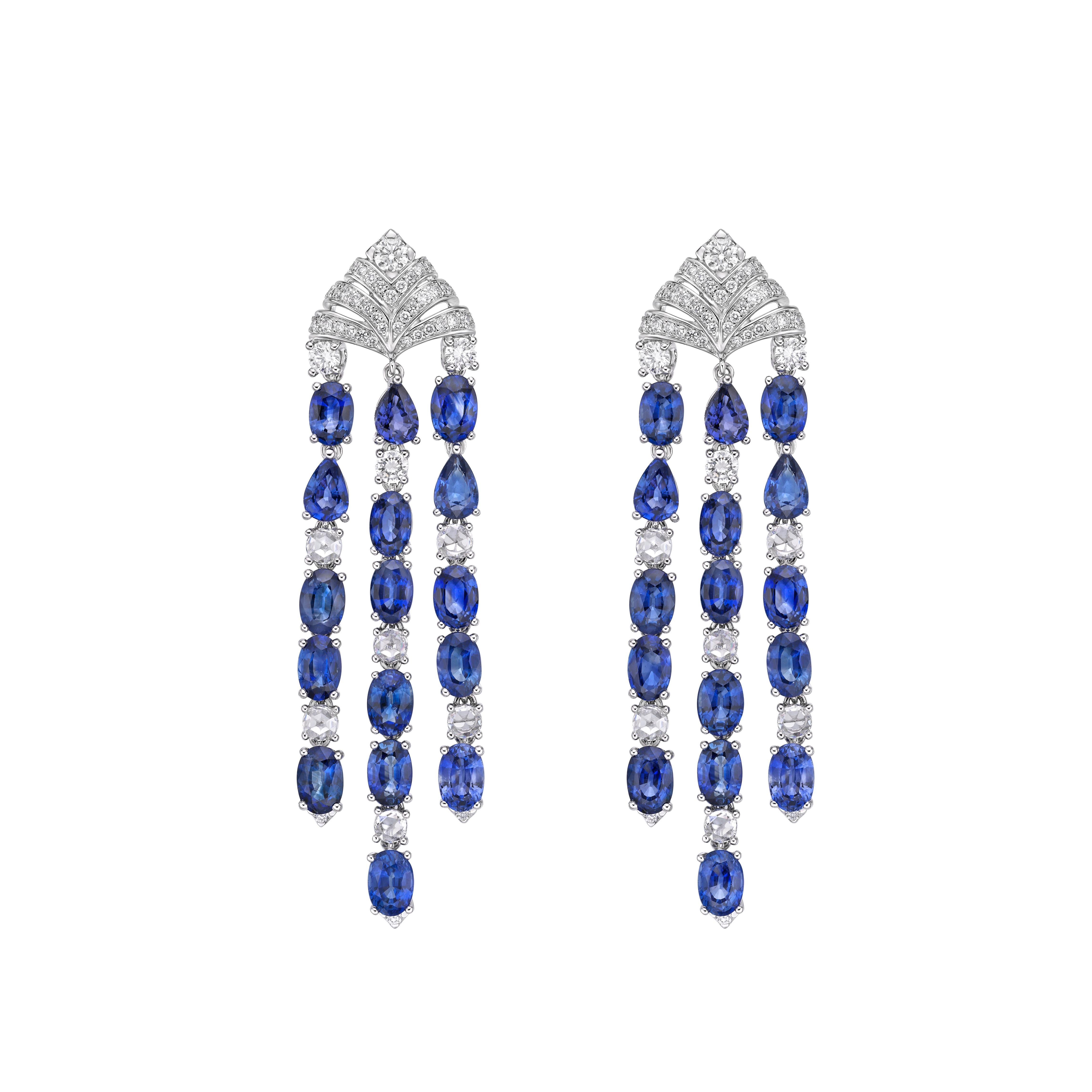 Modern Blue Sapphire Earrings with White Diamond in 18 Karat White Gold For Sale