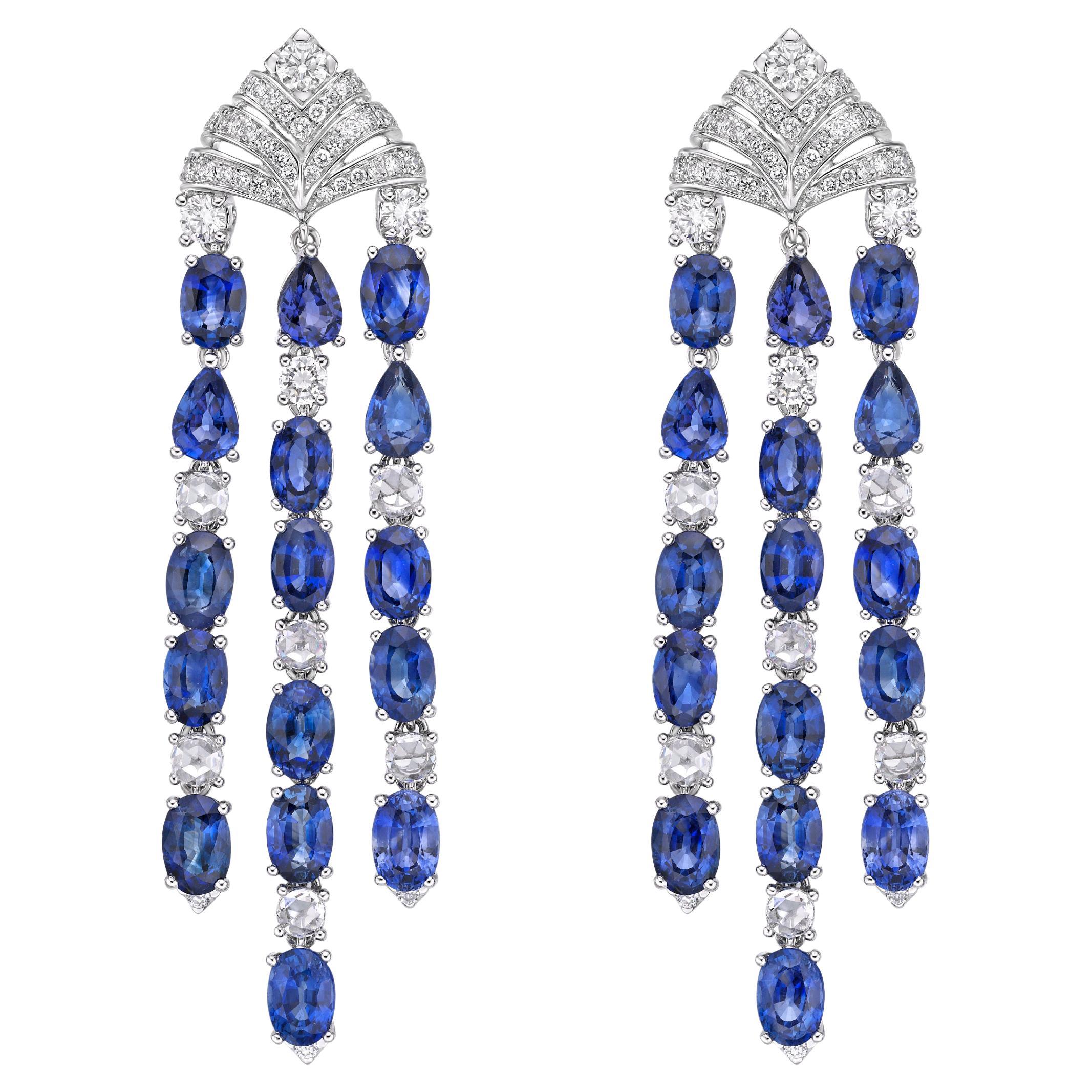 Blue Sapphire Earrings with White Diamond in 18 Karat White Gold For Sale
