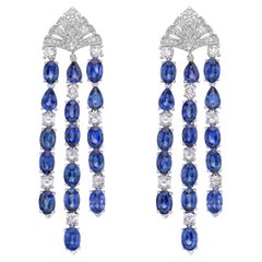 Blue Sapphire Earrings with White Diamond in 18 Karat White Gold