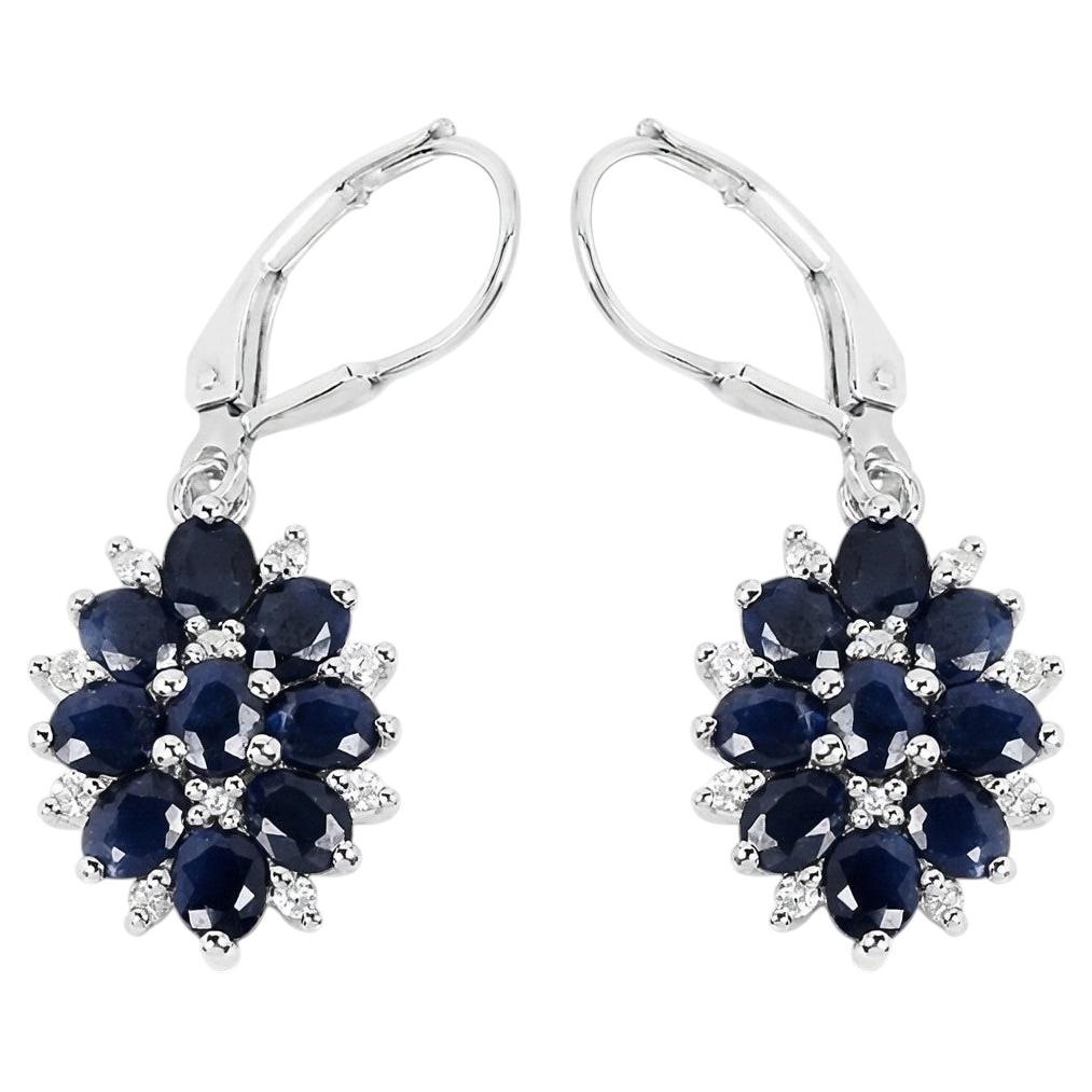 Blue Sapphire Earrings With White Zircon 3.88 Carats Sterling Silver For Sale