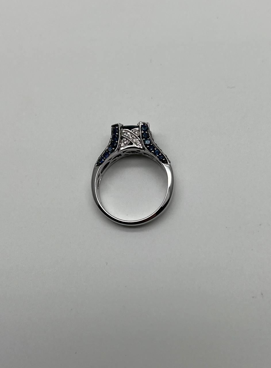 Blue Sapphire East West Horizontal Sapphire Diamond Pave Set 14K White Gold Ring For Sale 6