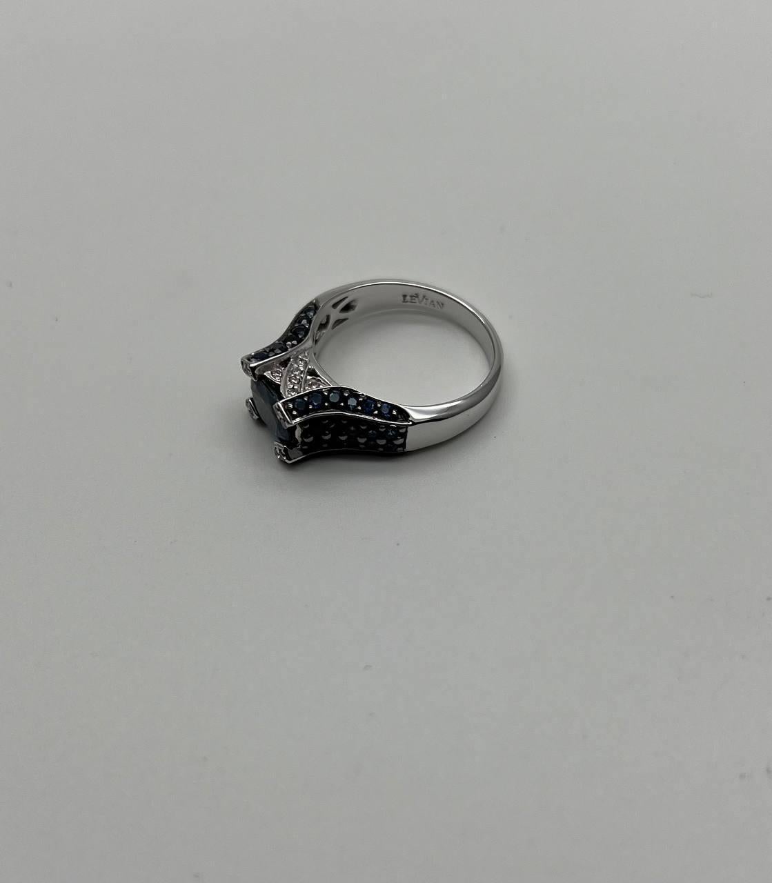 Blue Sapphire East West Horizontal Sapphire Diamond Pave Set 14K White Gold Ring For Sale 7