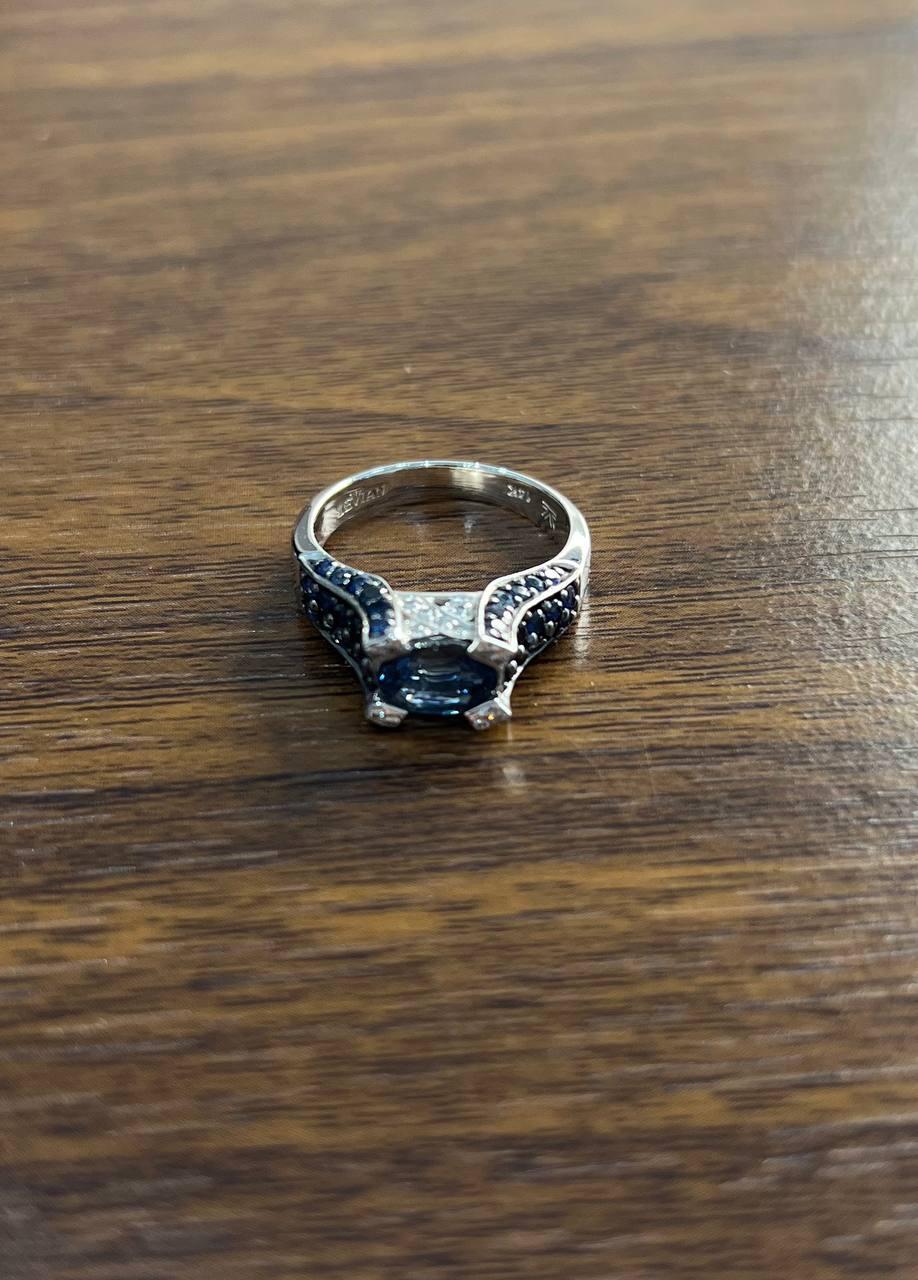 This striking ring captivates with its bold, modern design.

Crafted in polished 14k White Gold, it features a central dark blue Sapphire, flanked by pave of blue sapphires and white diamonds, creating a dramatic focal point. The band is adorned