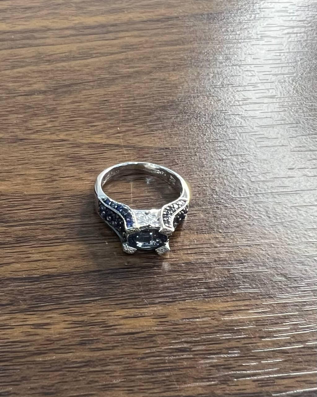 Modern Blue Sapphire East West Horizontal Sapphire Diamond Pave Set 14K White Gold Ring For Sale