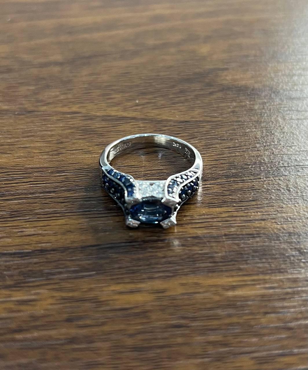 Mixed Cut Blue Sapphire East West Horizontal Sapphire Diamond Pave Set 14K White Gold Ring For Sale