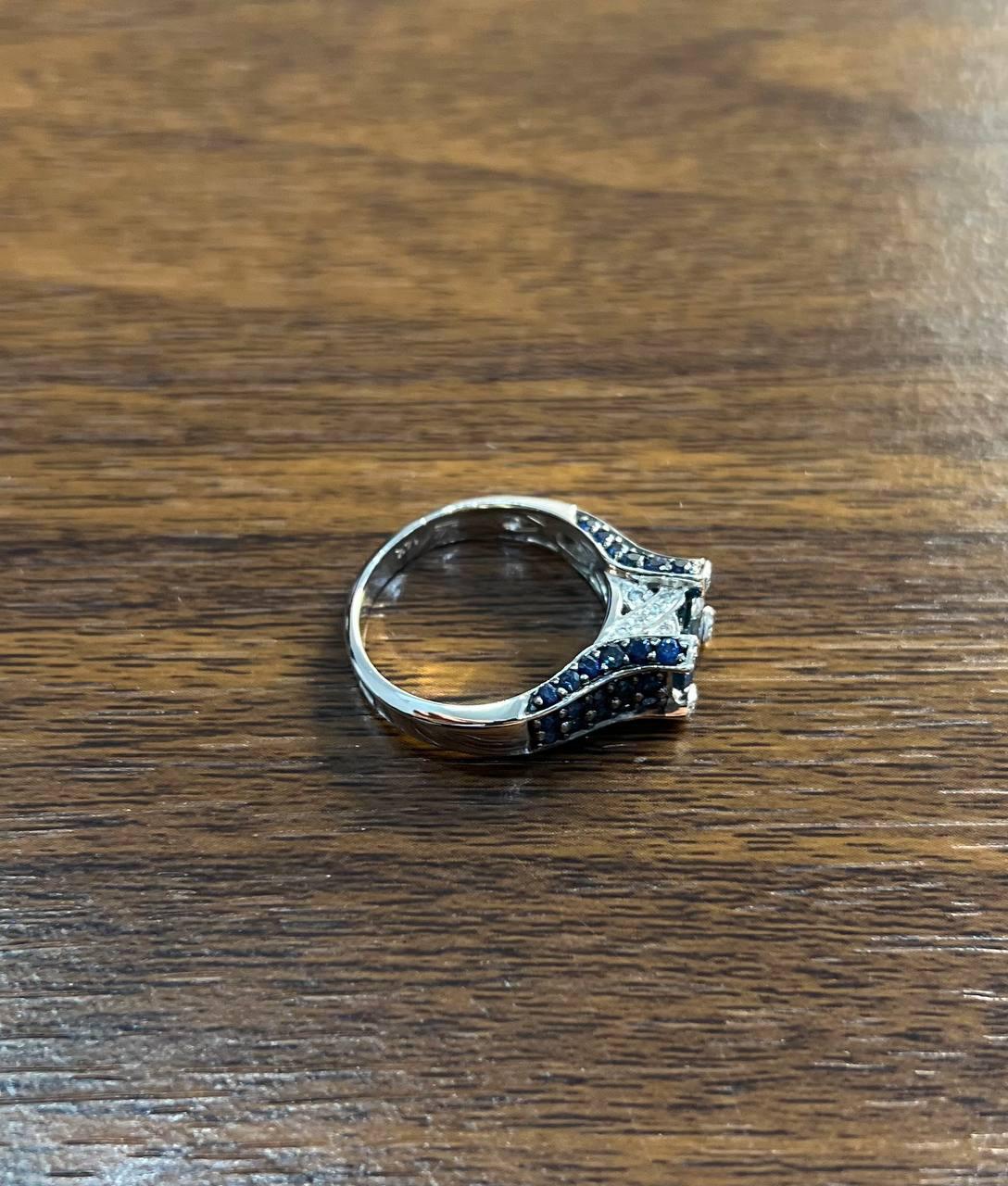 Blue Sapphire East West Horizontal Sapphire Diamond Pave Set 14K White Gold Ring In New Condition For Sale In Oakton, VA