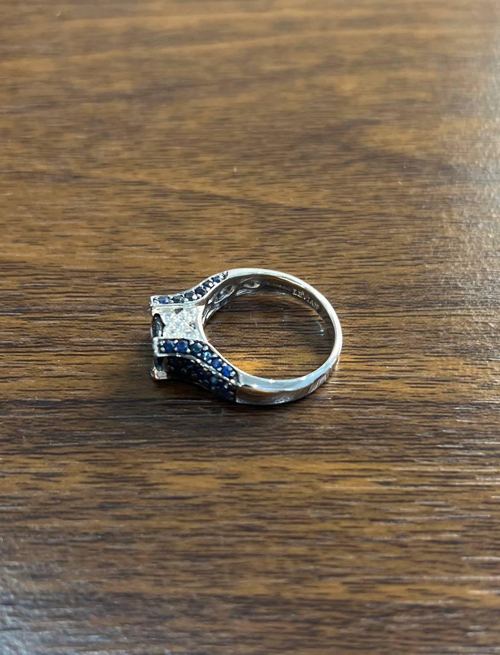 Women's Blue Sapphire East West Horizontal Sapphire Diamond Pave Set 14K White Gold Ring For Sale