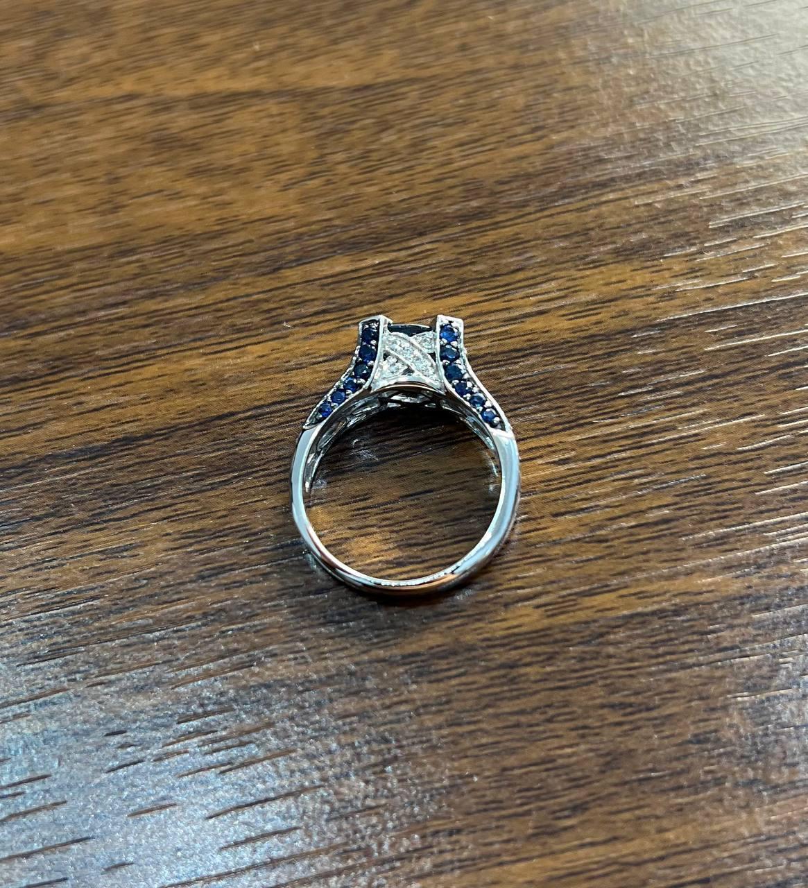 Blue Sapphire East West Horizontal Sapphire Diamond Pave Set 14K White Gold Ring For Sale 1
