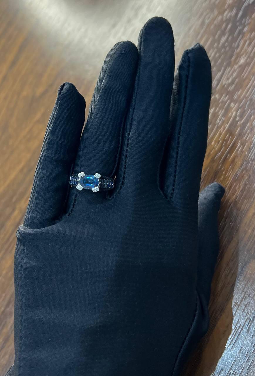 Blue Sapphire East West Horizontal Sapphire Diamond Pave Set 14K White Gold Ring For Sale 2