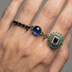 Blue Sapphire Emerald 14K (18K Custom) Halo Cocktail Ring