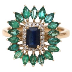 Blue Sapphire Emerald 14K (18K Custom) Halo Cocktail Ring