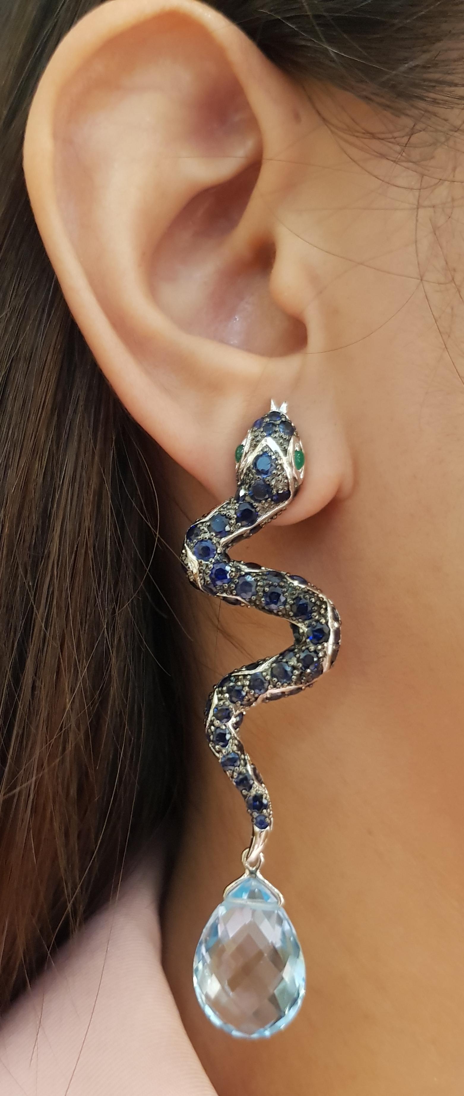 Blue Sapphire, Emerald and Blue Topaz Snake Earrings set in Silver Settings For Sale 2
