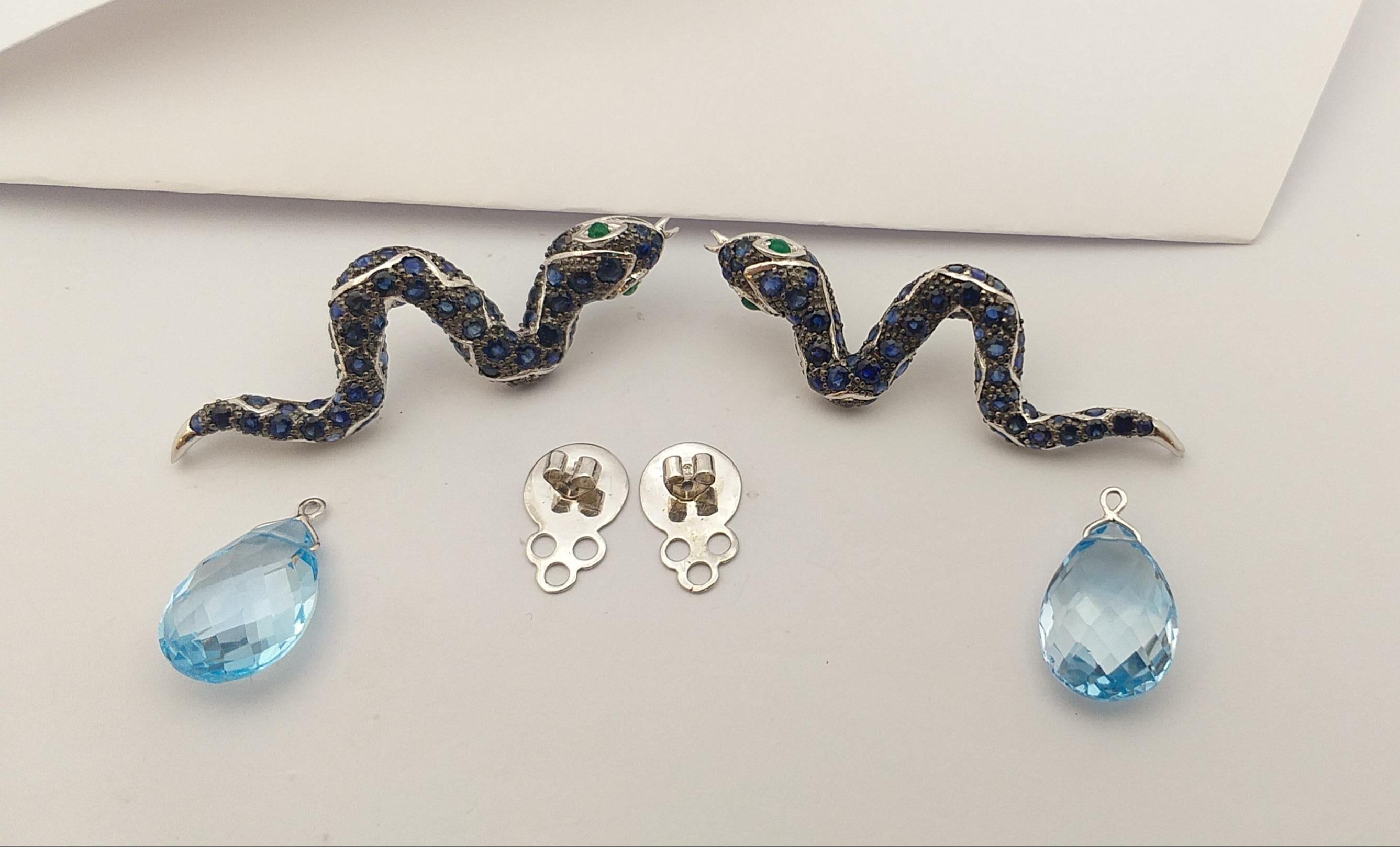 Mixed Cut Blue Sapphire, Emerald and Blue Topaz Snake Earrings set in Silver Settings For Sale