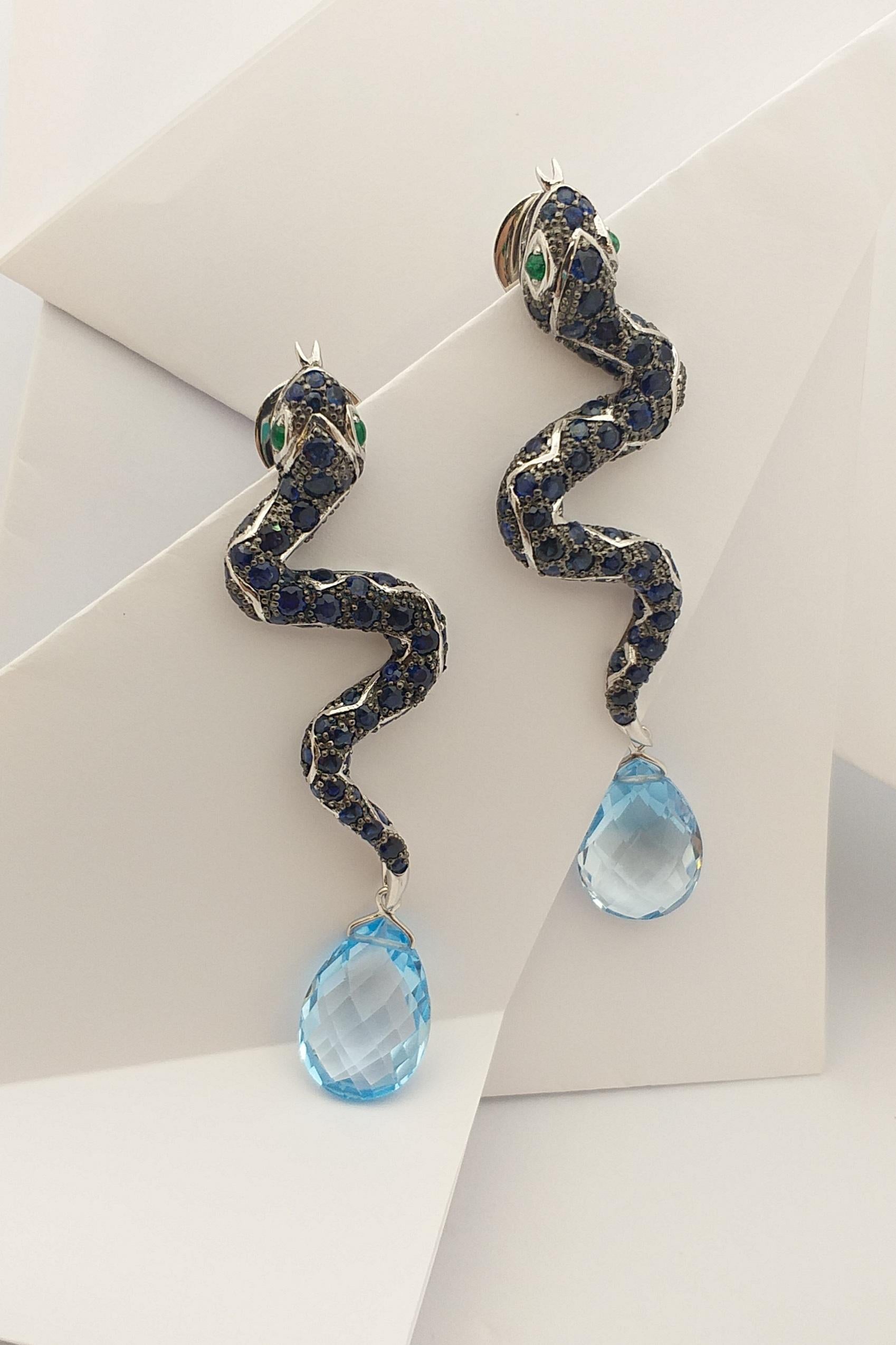 Women's or Men's Blue Sapphire, Emerald and Blue Topaz Snake Earrings set in Silver Settings For Sale