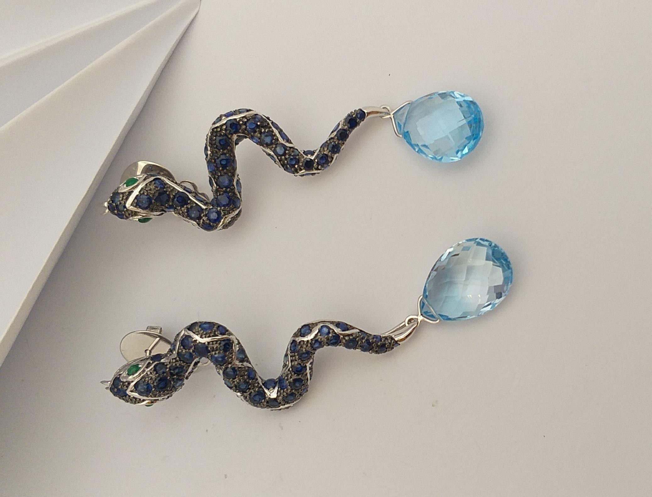 Blue Sapphire, Emerald and Blue Topaz Snake Earrings set in Silver Settings For Sale 1