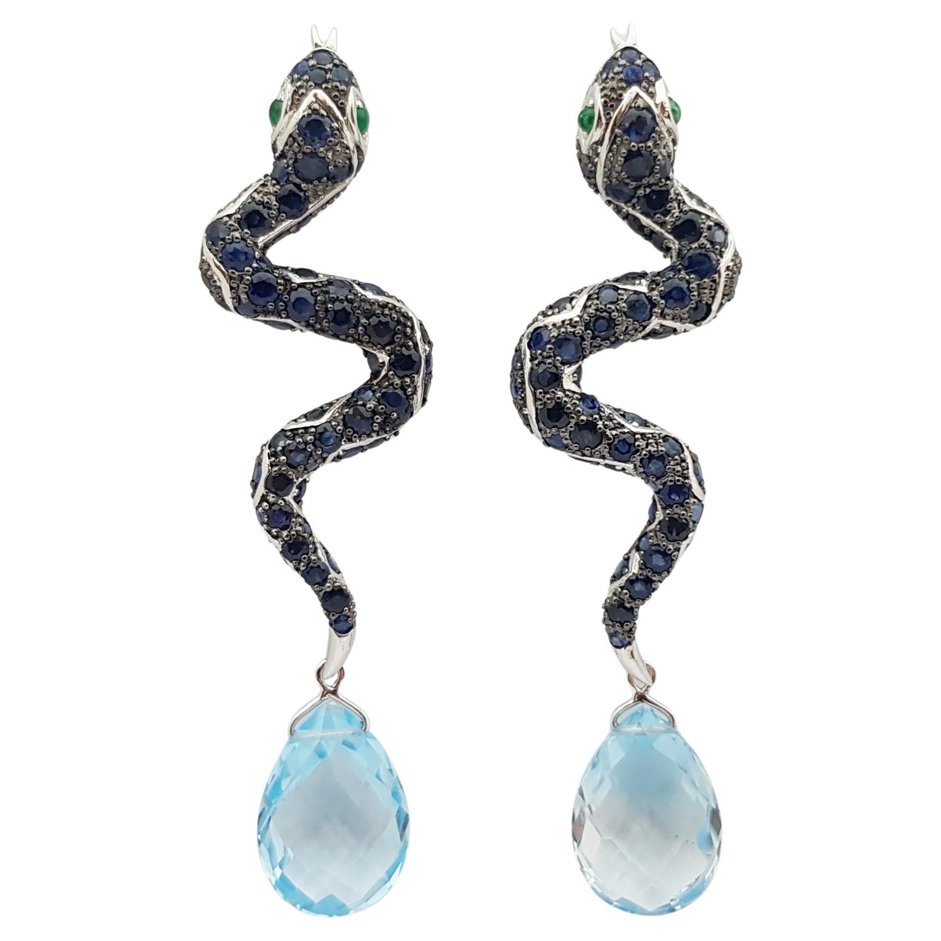 Blue Sapphire, Emerald and Blue Topaz Snake Earrings set in Silver Settings For Sale
