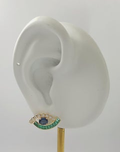 Blue Sapphire, Emerald and Diamond Evil Eyes Earrings set in 18K Gold Settings