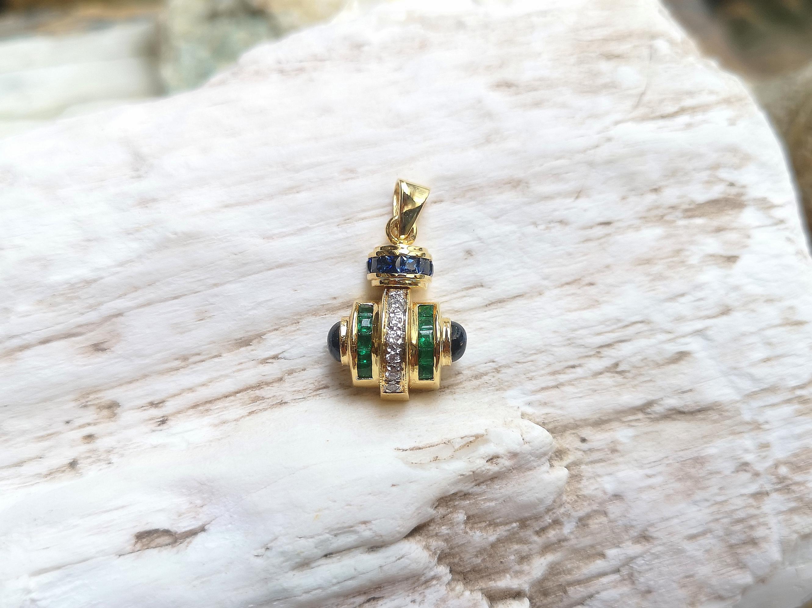 Blauer Saphir, Smaragd und Diamant-Anhänger aus 18 Karat Gold in Fassung (Art déco)