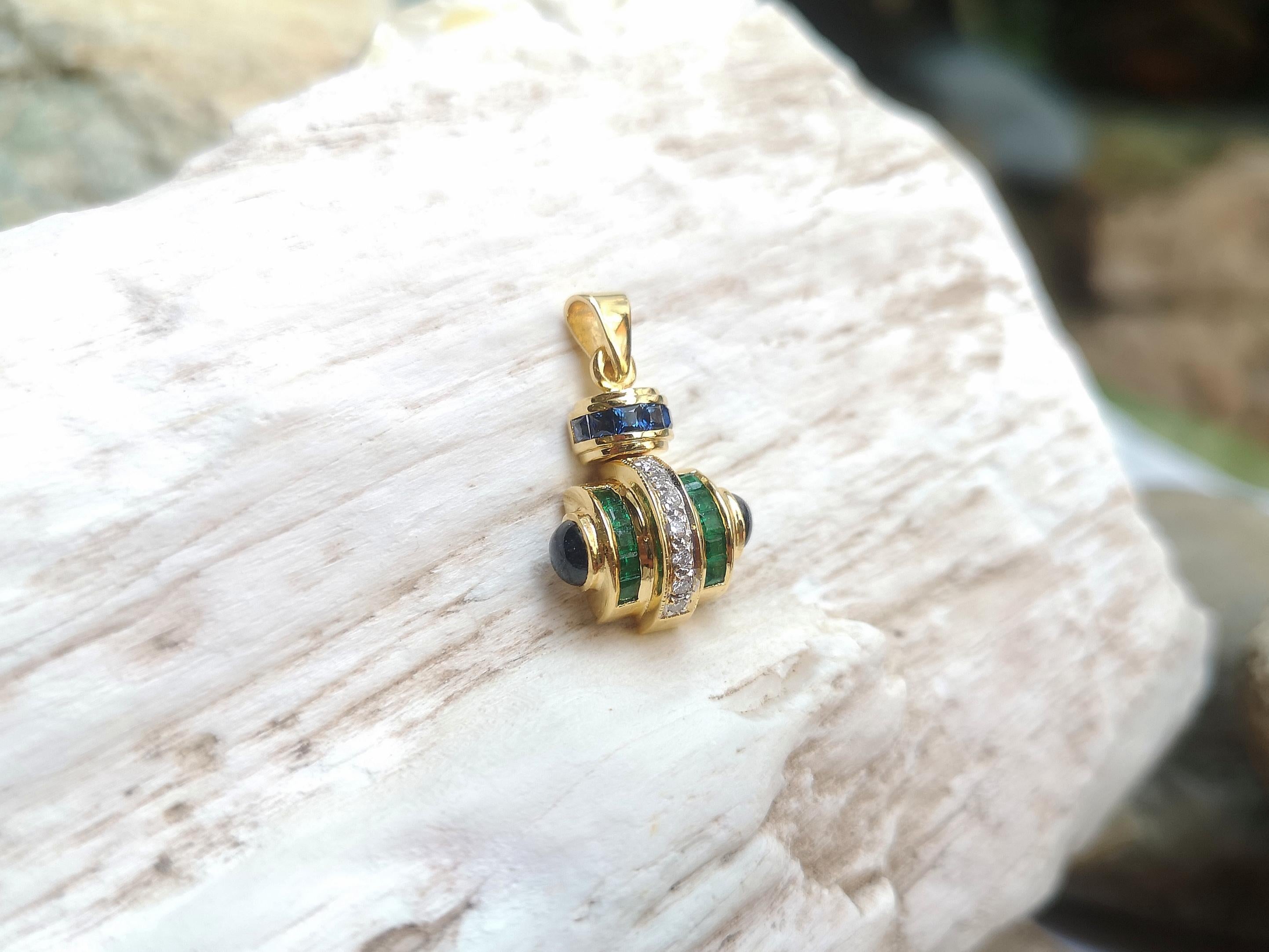 Blauer Saphir, Smaragd und Diamant-Anhänger aus 18 Karat Gold in Fassung (Gemischter Schliff)