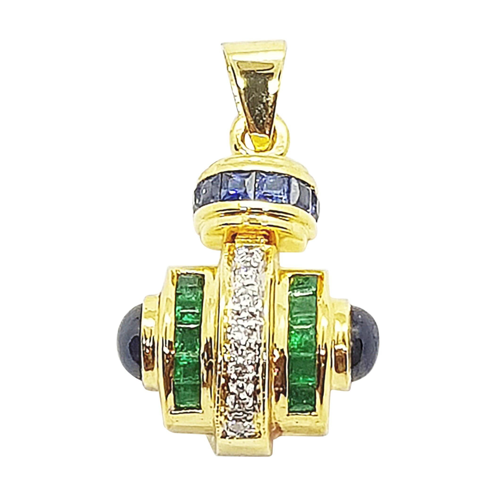 Blue Sapphire, Emerald and Diamond Pendant Set in 18 Karat Gold Settings