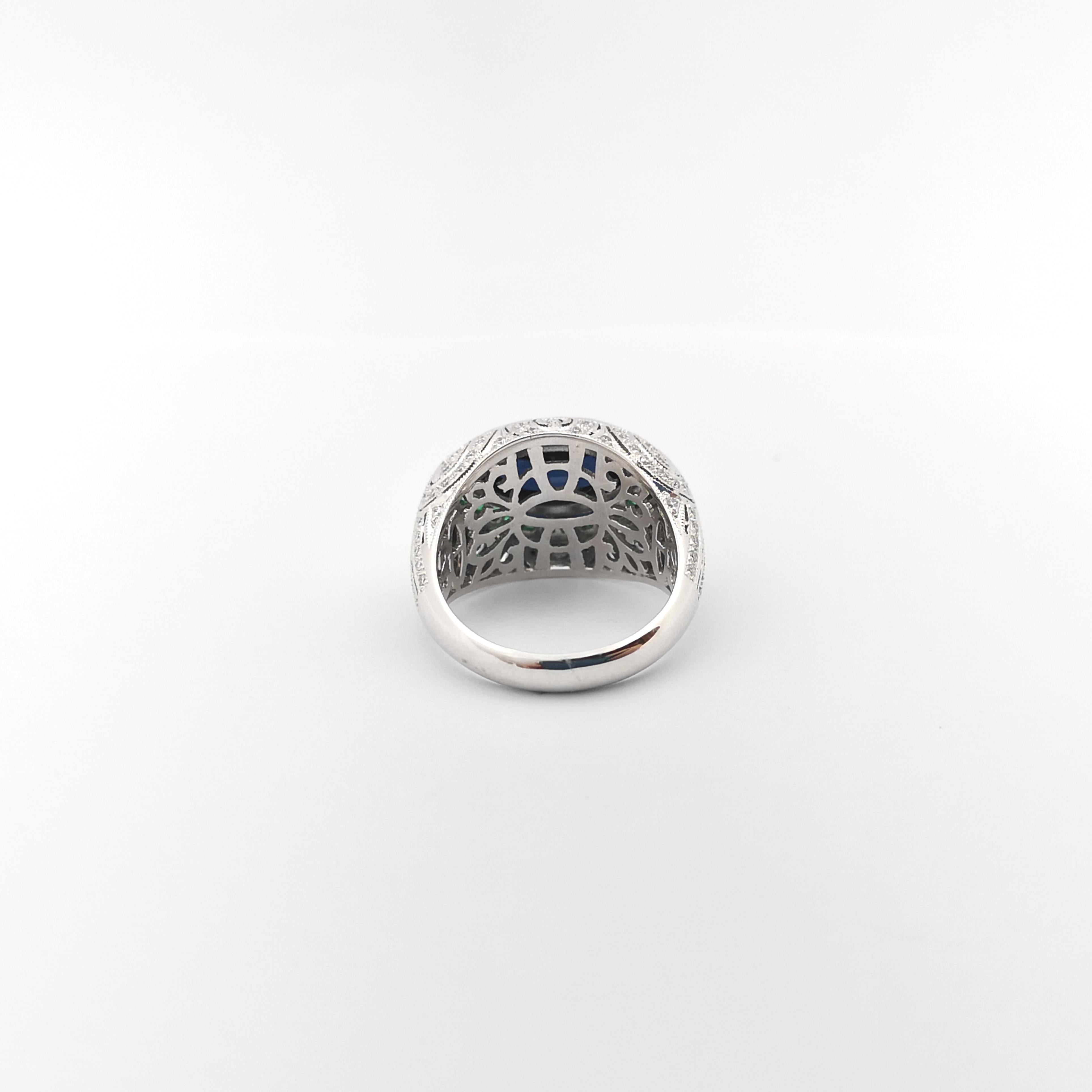 Blue Sapphire, Emerald and Diamond Ring set in 18K White Gold Settings For Sale 4