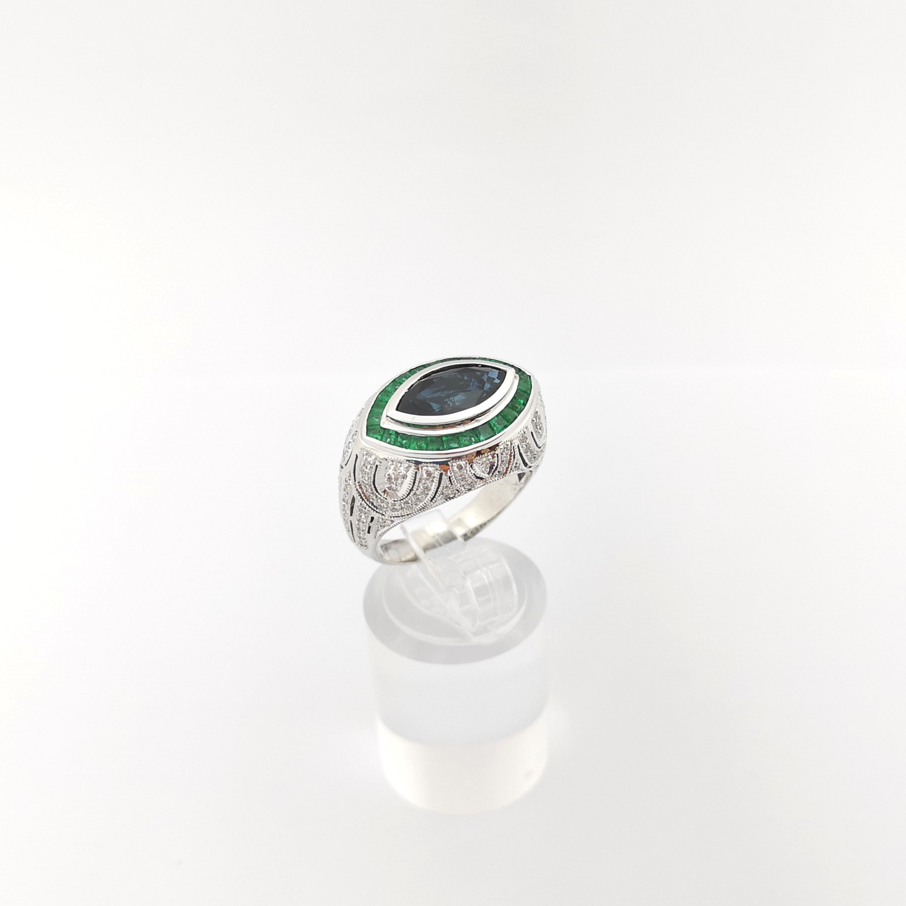Blue Sapphire, Emerald and Diamond Ring set in 18K White Gold Settings For Sale 5