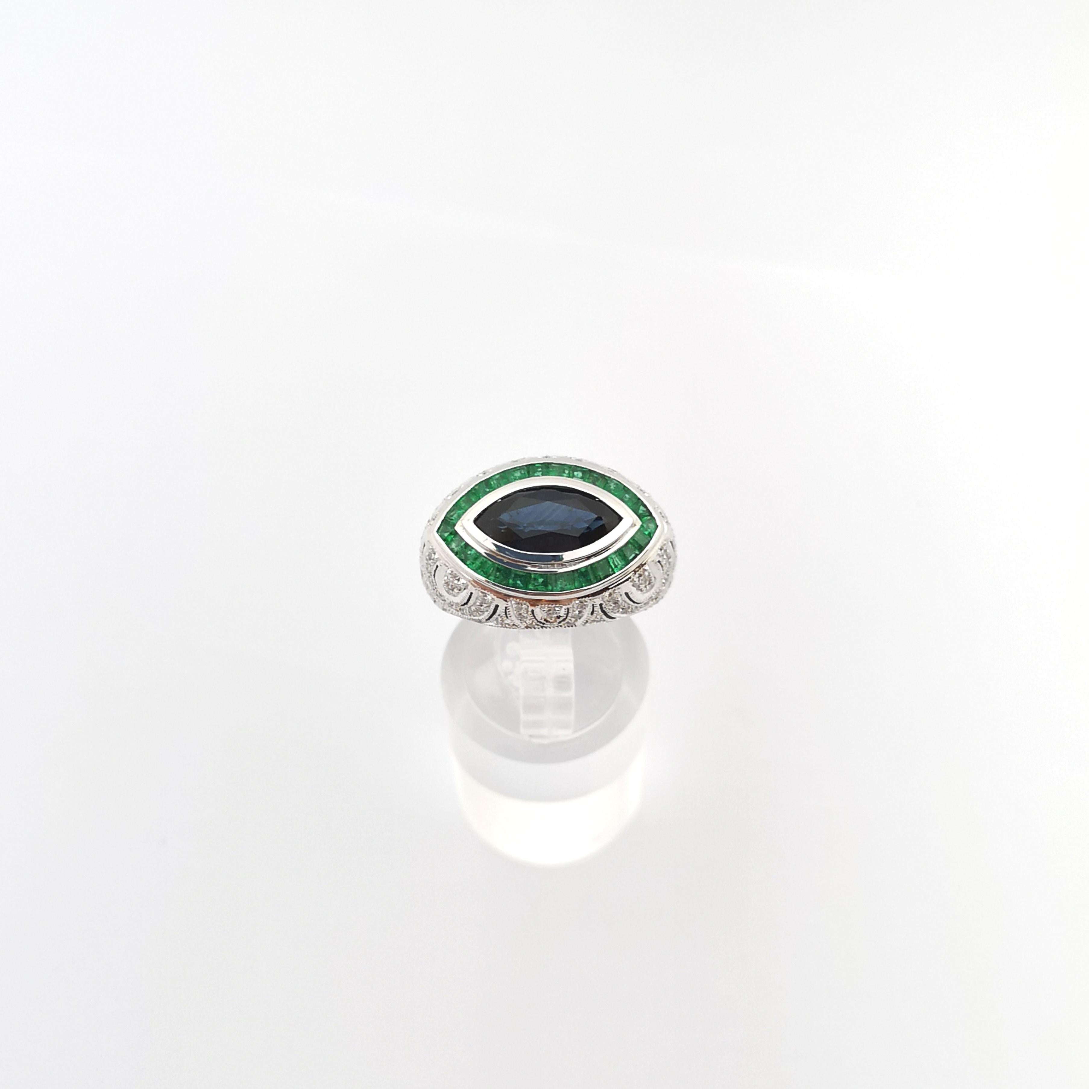 Blue Sapphire, Emerald and Diamond Ring set in 18K White Gold Settings For Sale 6