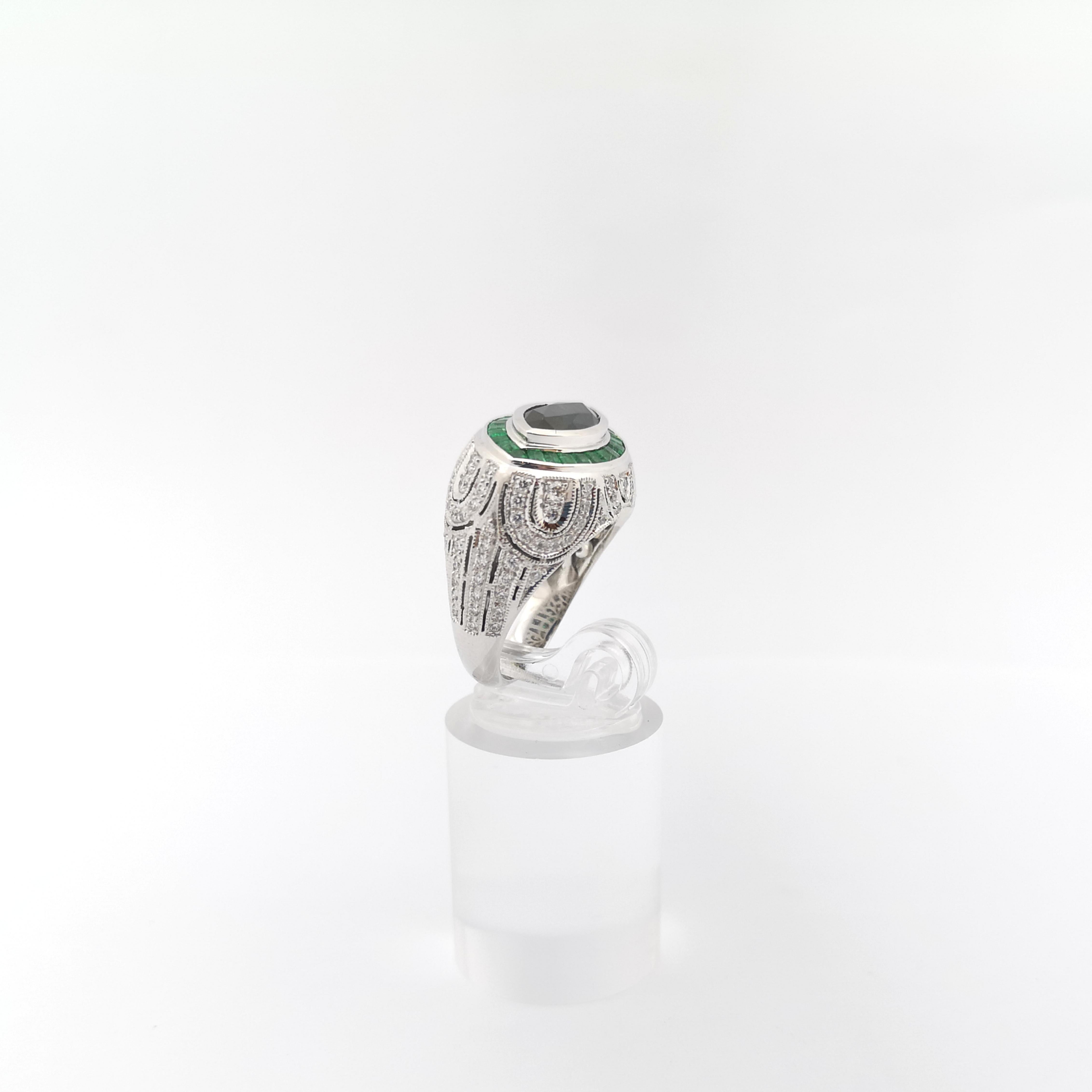 Blue Sapphire, Emerald and Diamond Ring set in 18K White Gold Settings For Sale 7