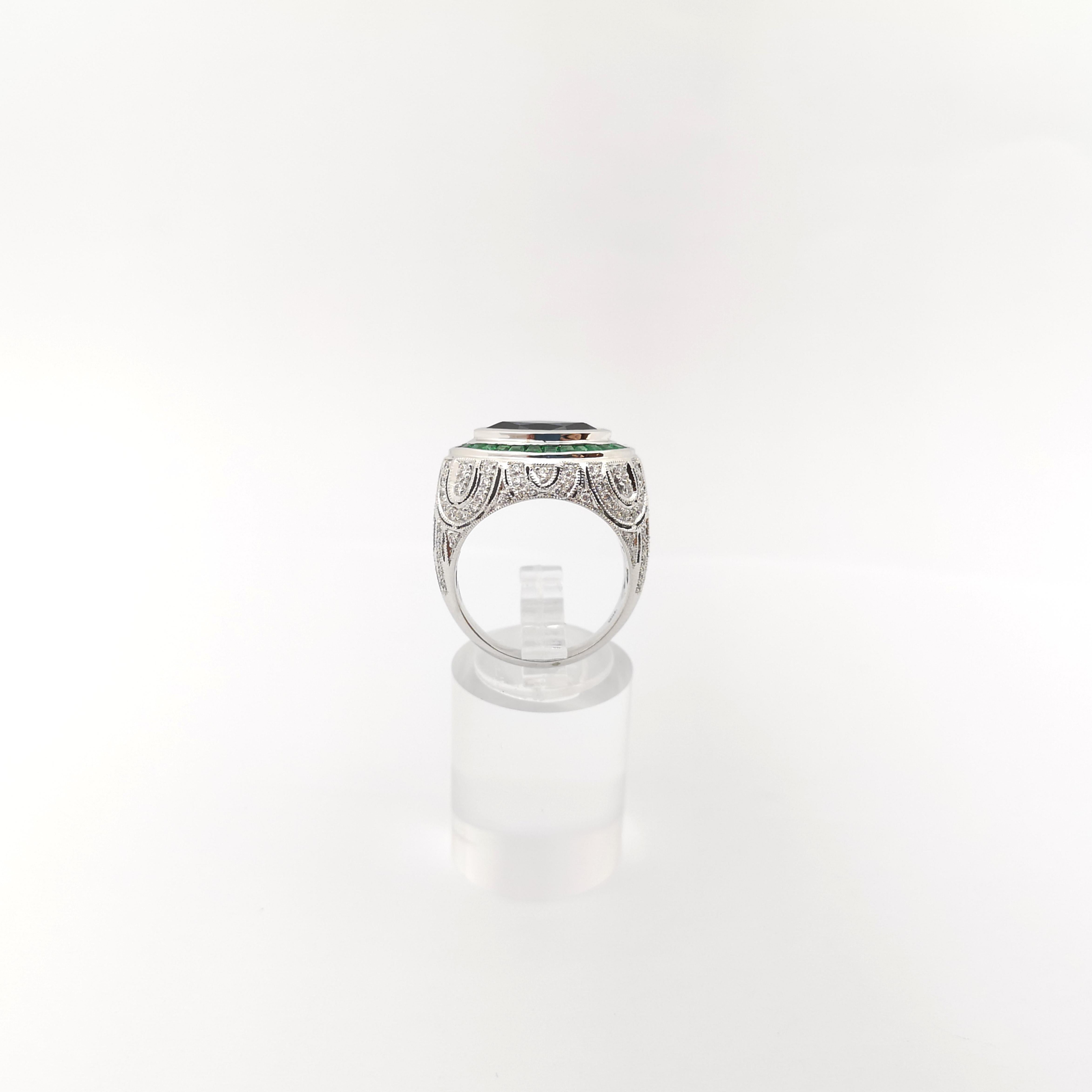 Blue Sapphire, Emerald and Diamond Ring set in 18K White Gold Settings For Sale 8