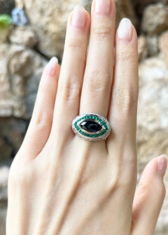 Blue Sapphire, Emerald and Diamond Ring set in 18K White Gold Settings