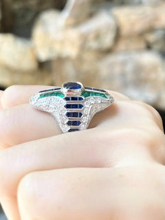 Blue Sapphire, Emerald and Diamond Ring set in 18K White Gold Settings