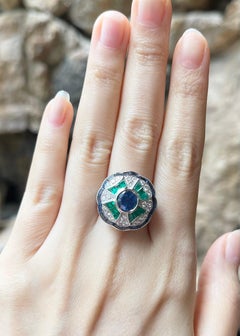 Blue Sapphire, Emerald and Diamond Ring set in 18K White Gold Settings
