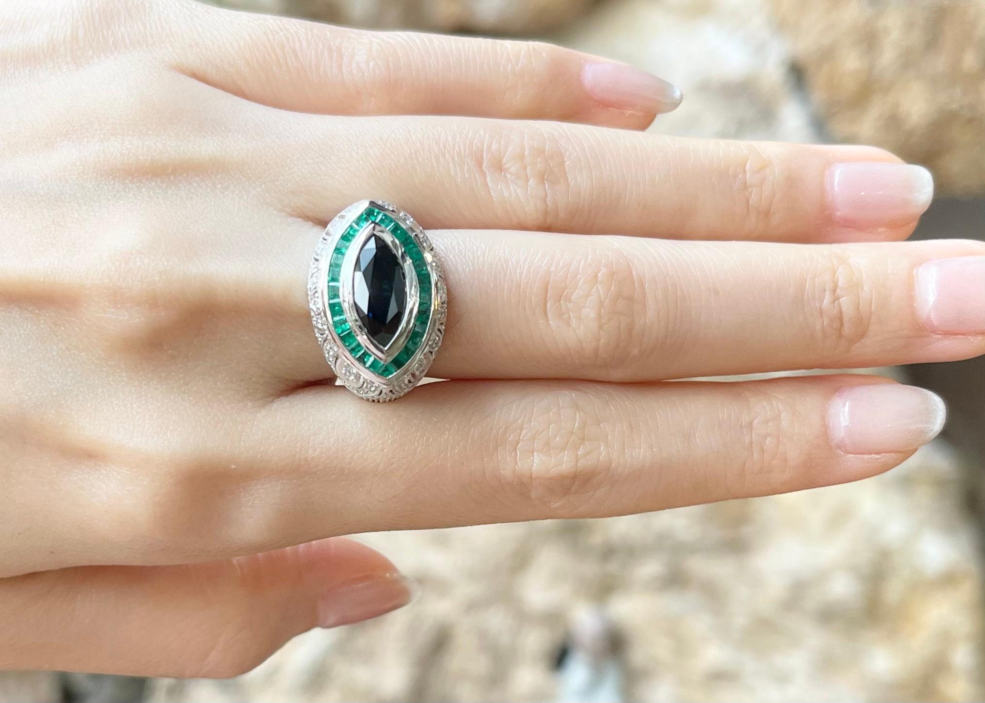 Art Deco Blue Sapphire, Emerald and Diamond Ring set in 18K White Gold Settings For Sale