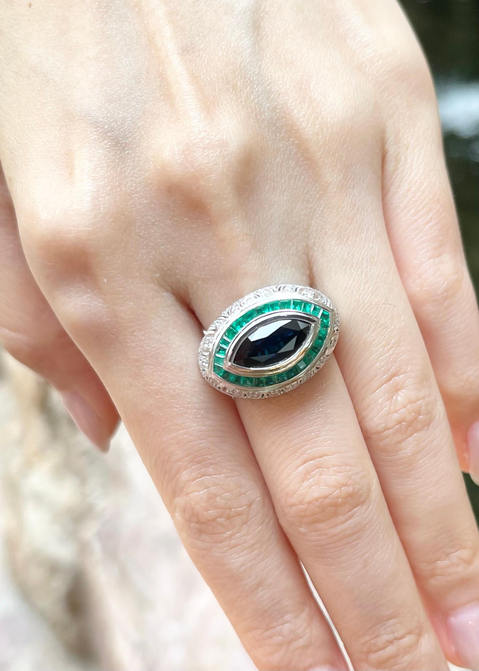Marquise Cut Blue Sapphire, Emerald and Diamond Ring set in 18K White Gold Settings For Sale