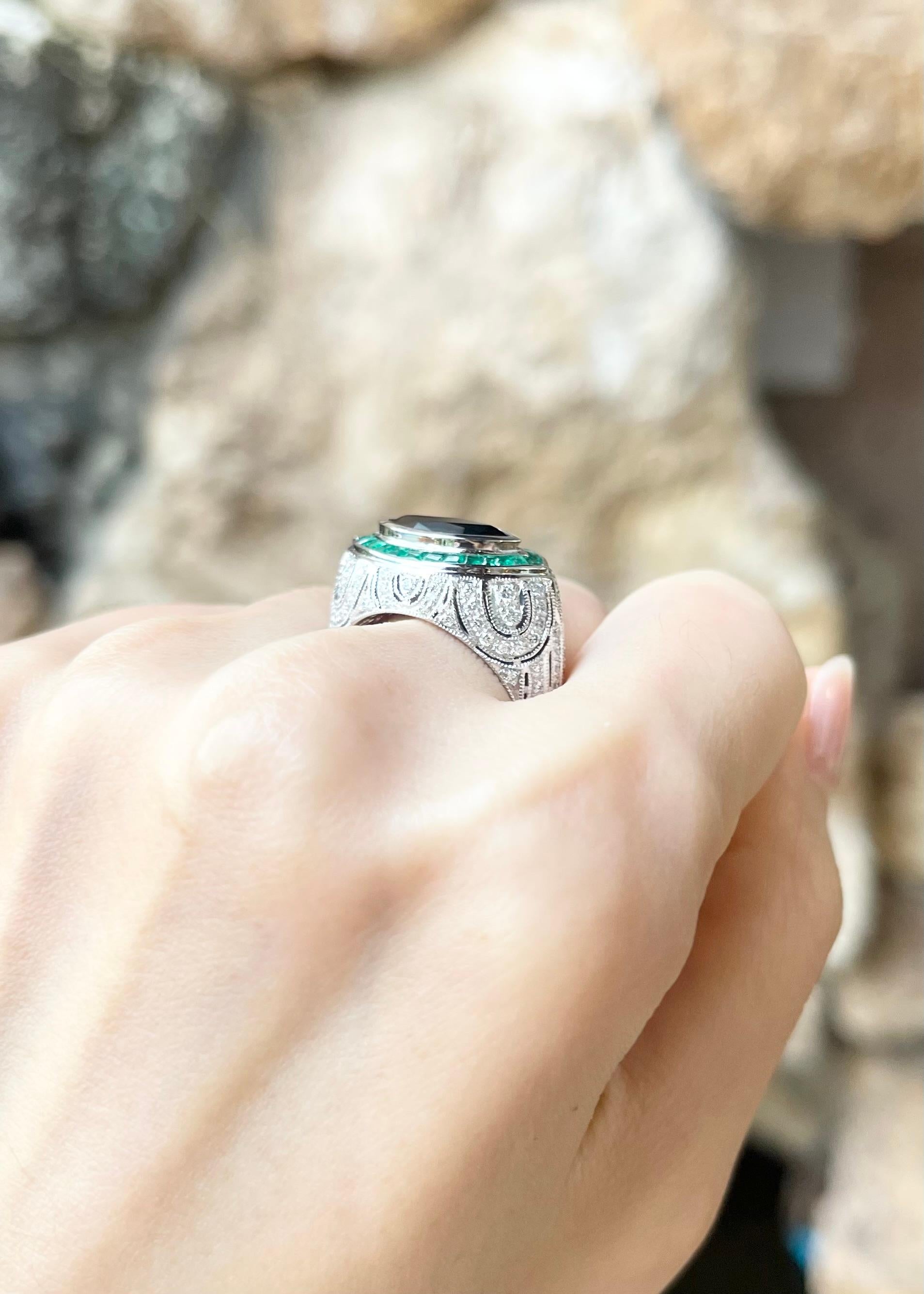 Women's or Men's Blue Sapphire, Emerald and Diamond Ring set in 18K White Gold Settings For Sale