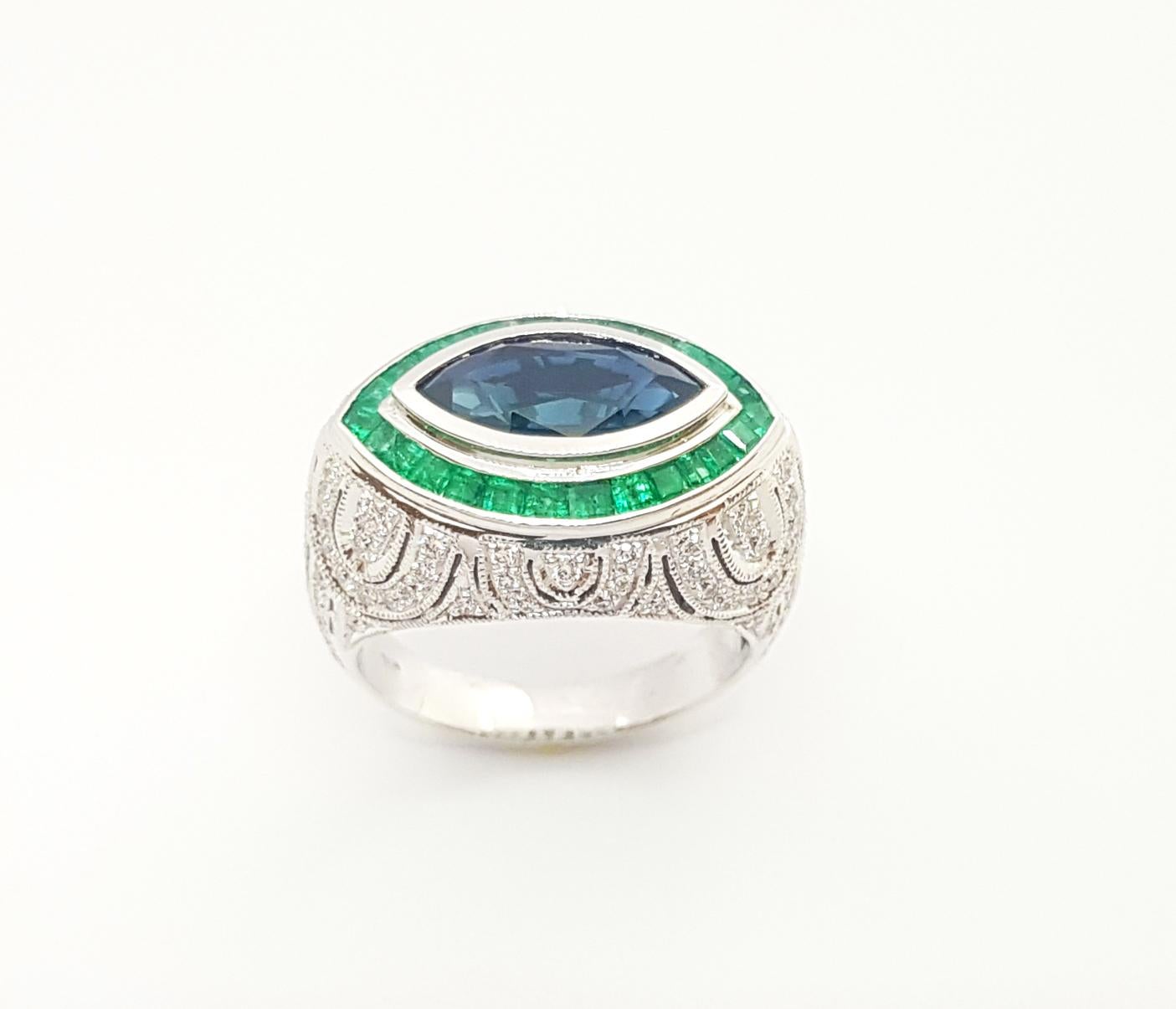 Blue Sapphire, Emerald and Diamond Ring set in 18K White Gold Settings For Sale 2