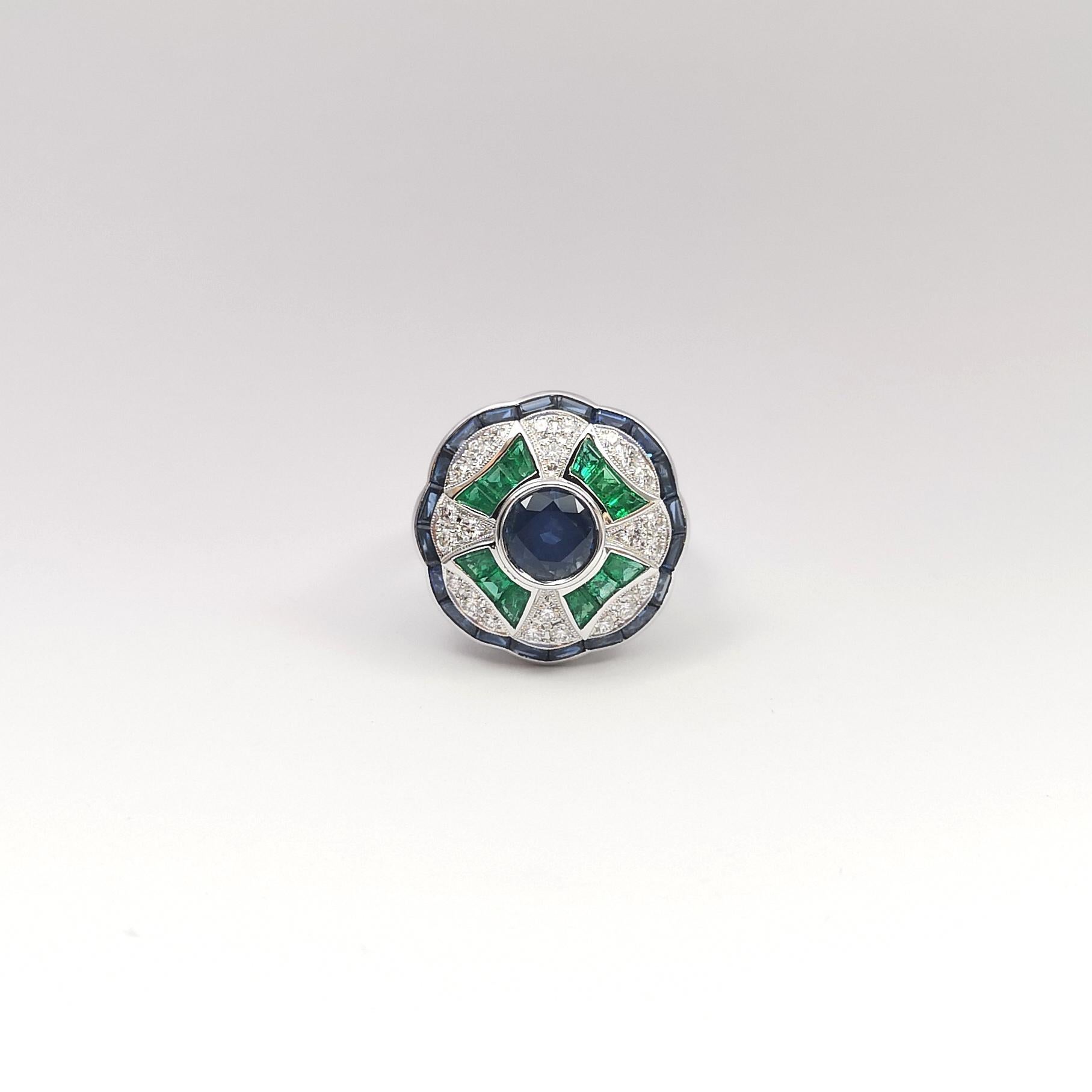 Blue Sapphire, Emerald and Diamond Ring set in 18K White Gold Settings For Sale 2