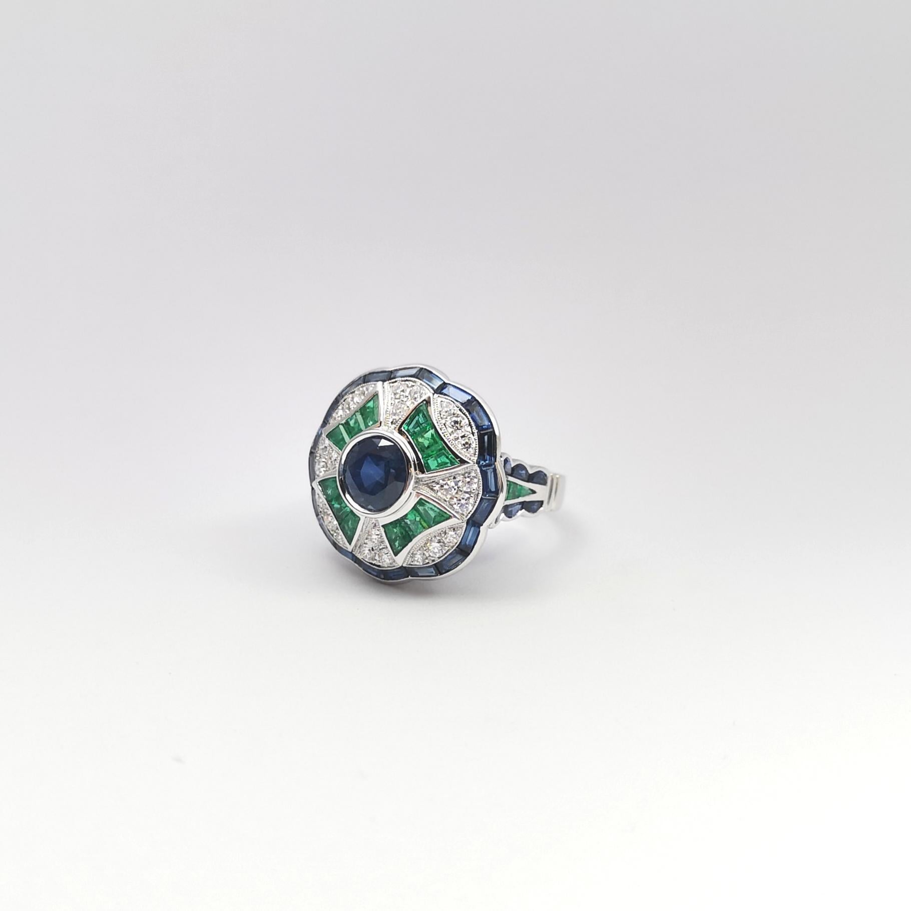 Blue Sapphire, Emerald and Diamond Ring set in 18K White Gold Settings For Sale 3