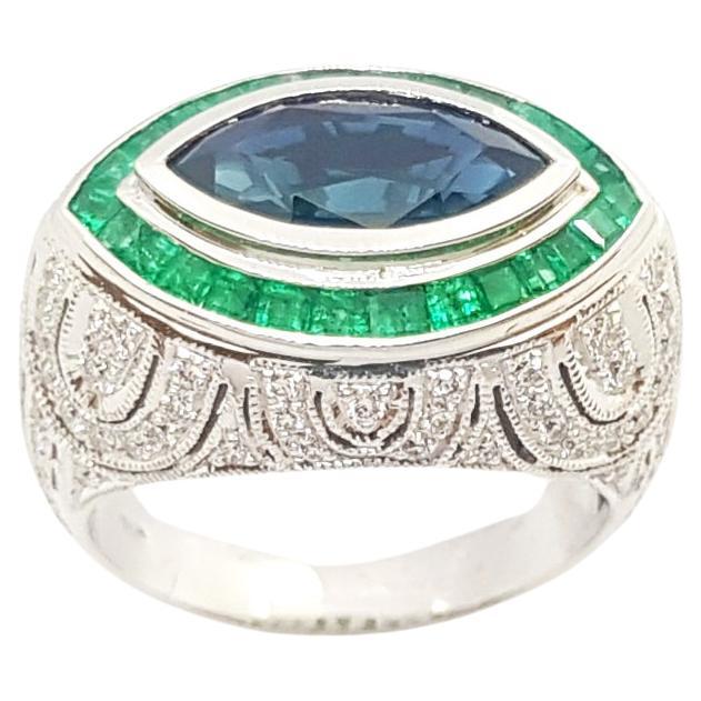 Blue Sapphire, Emerald and Diamond Ring set in 18K White Gold Settings