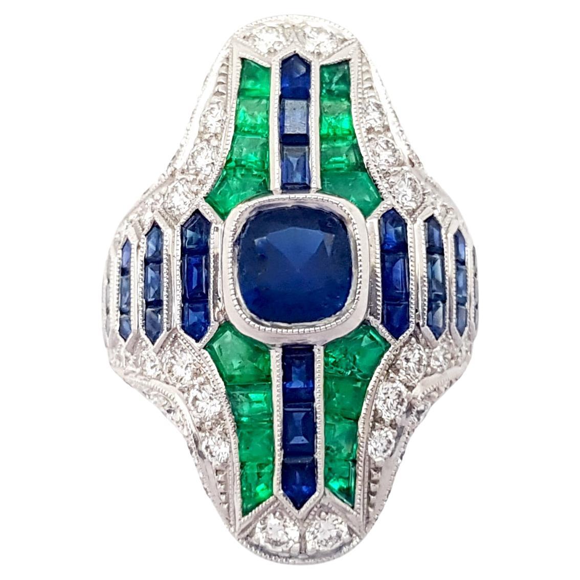 Blue Sapphire, Emerald and Diamond Ring set in 18K White Gold Settings