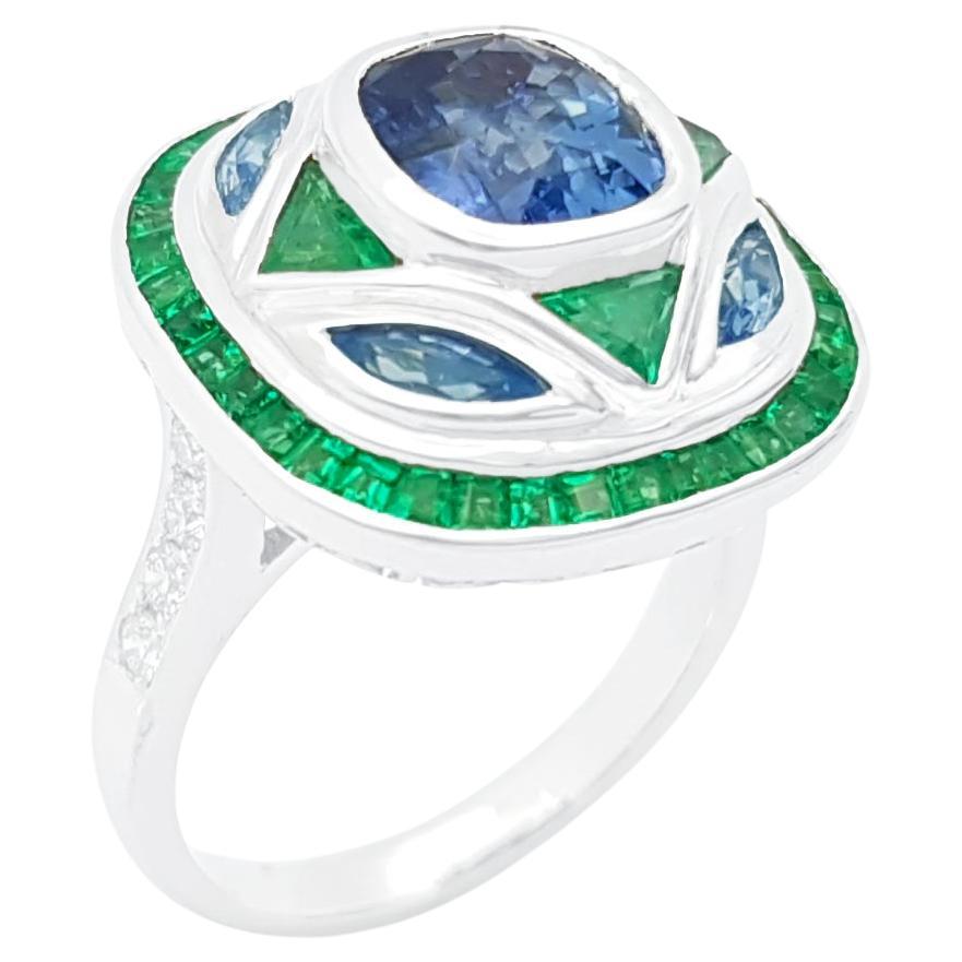 Blue Sapphire, Emerald and Diamond Ring set in 18K White Gold Settings