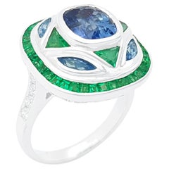 Blue Sapphire, Emerald and Diamond Ring set in 18K White Gold Settings