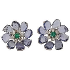 Blue Sapphire, Emerald and Diamond Studs Set in 18 Karat Gold