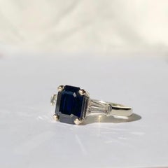 Blue Sapphire Emerald Cut 2ct Trapezoid Diamond Shoulders .50ct 18k White Gold