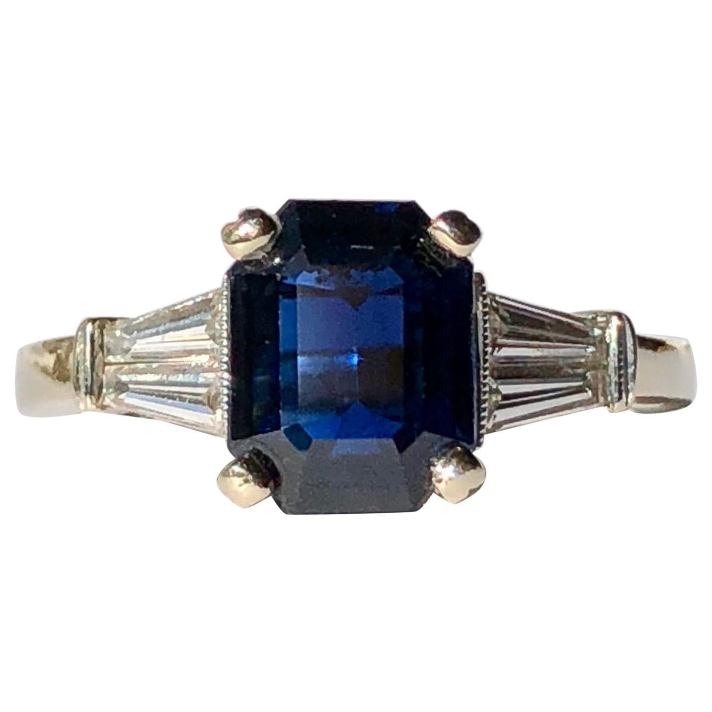 Blue Sapphire Emerald Cut 2ct Trapezoid Diamond Shoulders .50ct 18k White Gold 