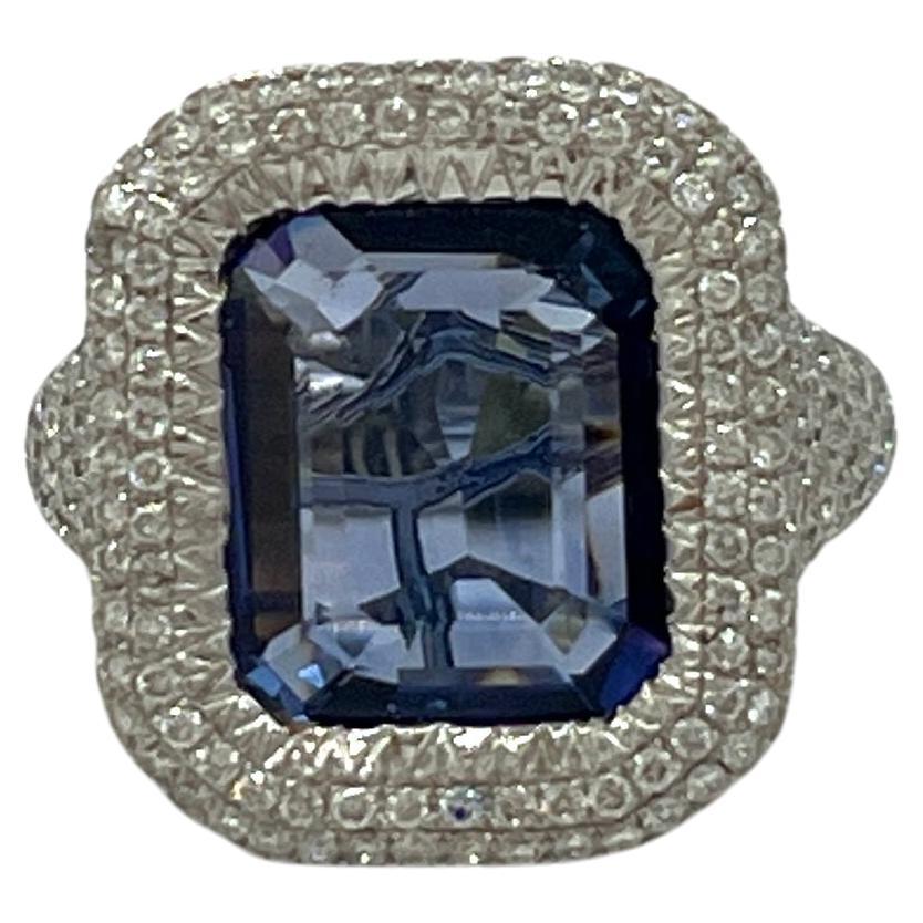 Blue Sapphire Emerald Cut and White Diamond Cocktail Ring in 18K White Gold